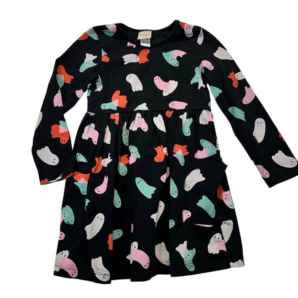 Hanna Andersson Girls Ghost Print Long Sleeve Pocket Dress Black‎ 110cm US 5